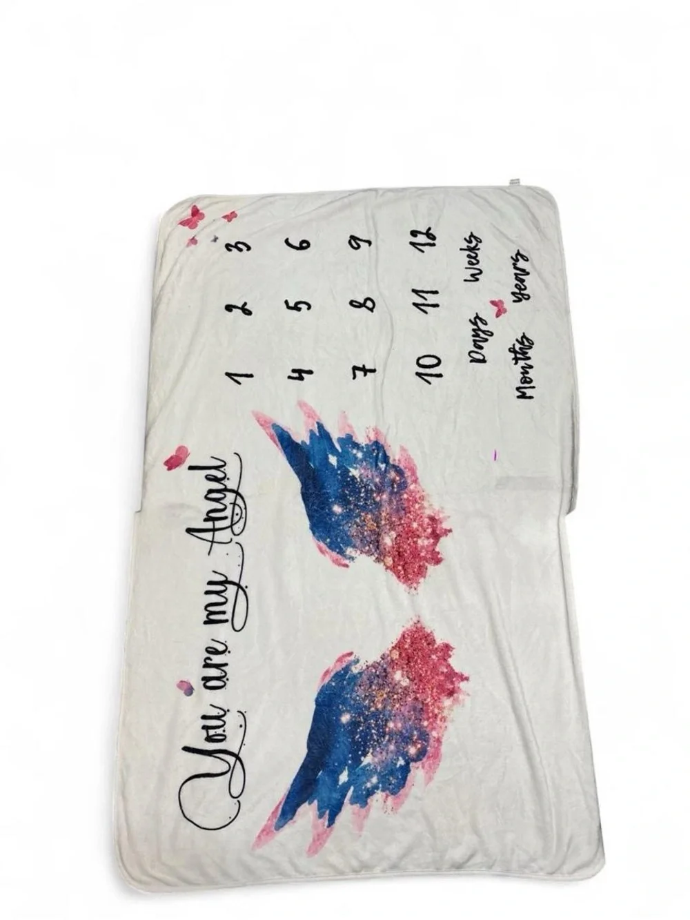 ✨White baby blanket with blue & red angel wings graphic ✨